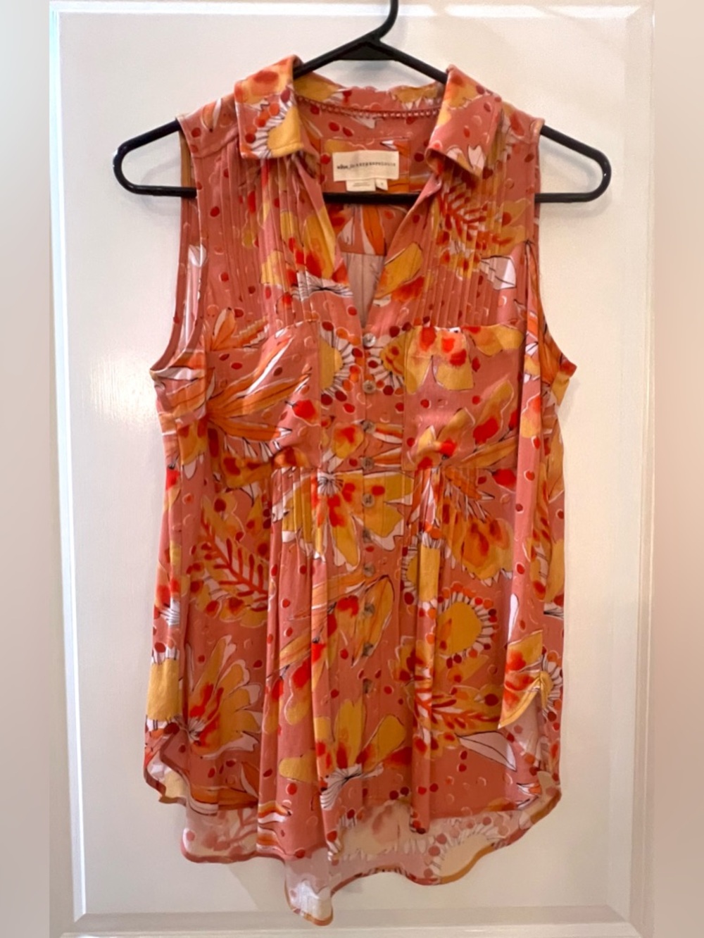Anthropologie Coral and Yellow Floral Pleated Sleeveless Top